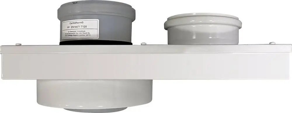 Adapter von Bosch mit zwei Anschlüssen für Abgasleitung, montiert auf einer flachen, weißen Trägerschiene, geeignet für DN110/160 und DN110.